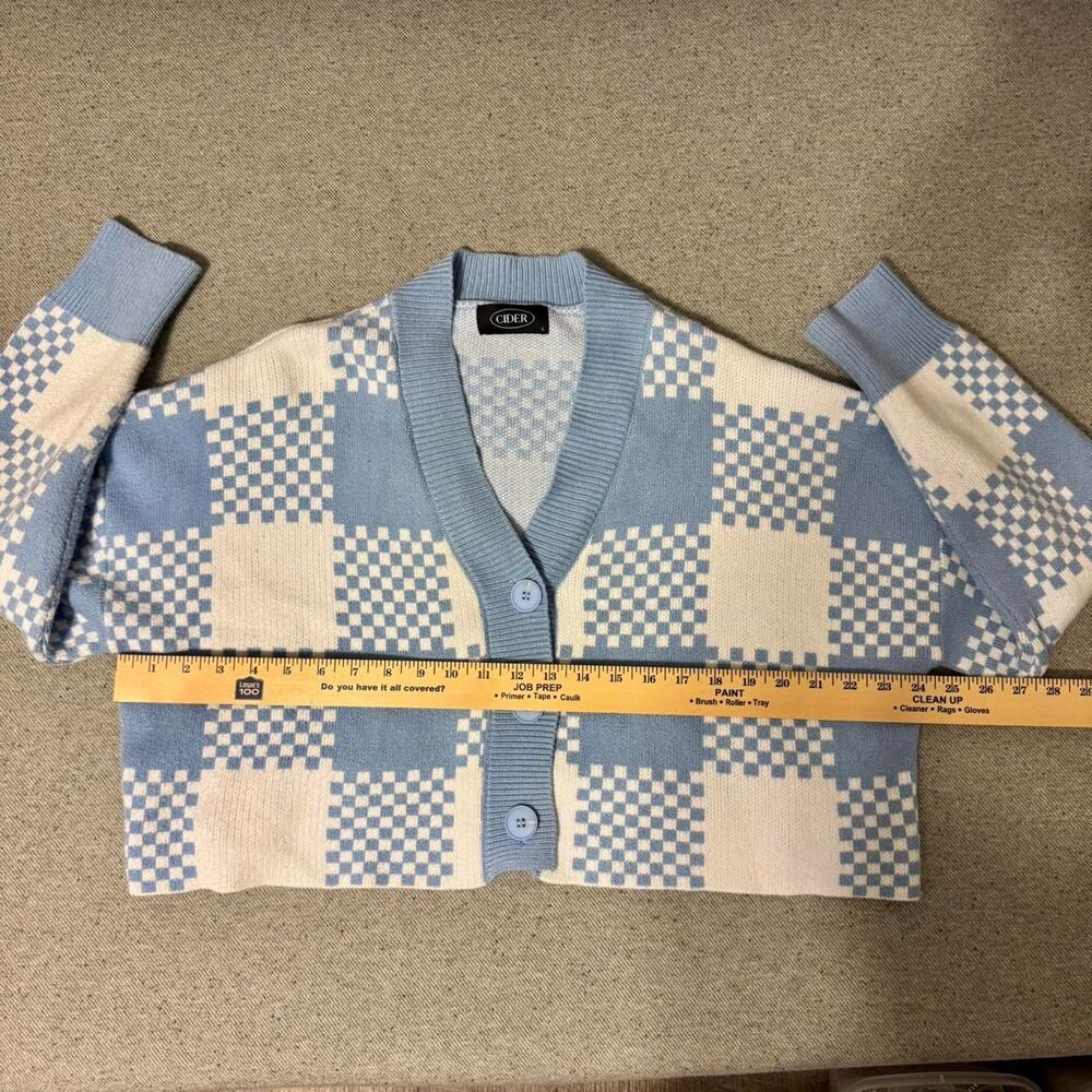 Womens Blue White Checkered Crop Cardigan Preppy Oversize Sweater Pastel Blue L - Picture 3 of 5